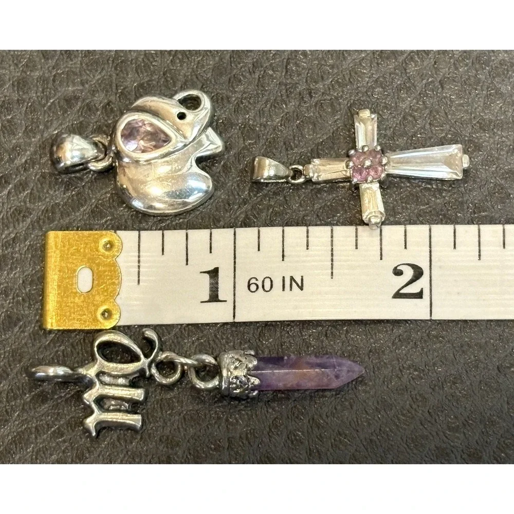 Set Of 3 Silver Tone Pendants 1 Sterling Cross 1 Avon Elephant Amethyst CZ